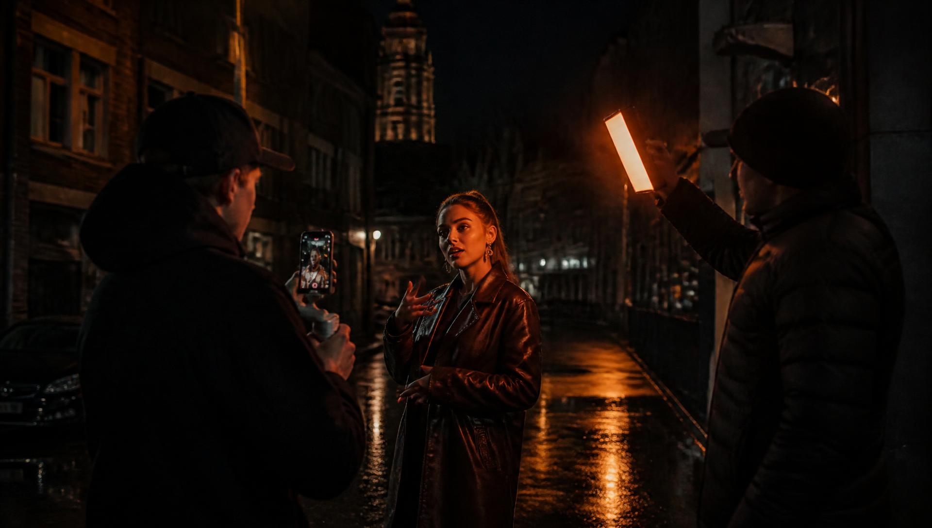 Tournage social-first de nuit : créatrice filmée au téléphone, éclairage LED orange